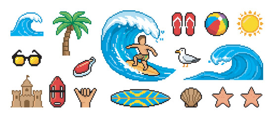 Obraz premium Set of pixel art summer beach icons featuring a surfer on a wave, palm tree, sun, and sandcastle in a vibrant, retro 8-bit video game style illustration