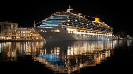 Cruise ship illuminated at night reflecting in the calm water