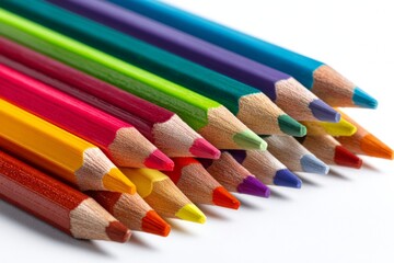 Color Pencils Scattered on a White Background Showcasing a Vibrant Set for Art and Creative Projects