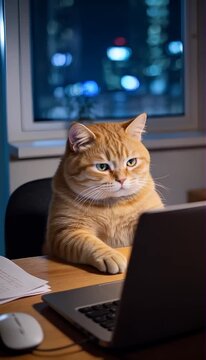 Chubby Orange Office Cat Sitting Upright At A Desk, Moving Like A Tired Human While Working Overtime On A Laptop