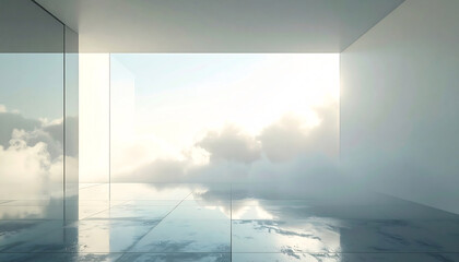 Creative glass structure with hazy sky and cloud background
