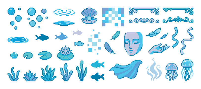 Large set of blue pixel art elements with a water and fantasy theme, showing fish, a shell, jellyfish, a face, seaweed, and decorative ornaments in a classic 8-bit video game style