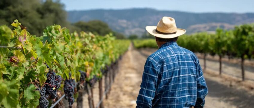 A farmer stands in a vineyard, admiring the grape harvest rows.
