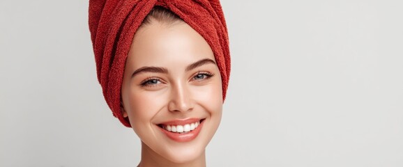 Young Woman Enjoys Spa Treatment With Towel on Head and Smiles Against White Background
