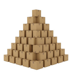 Large stack of brown cardboard boxes in pyramid formation