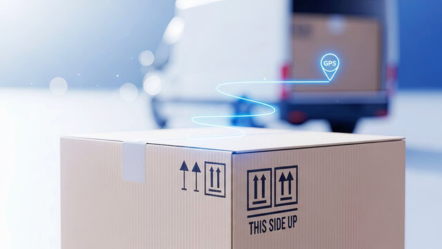 Cardboard delivery box with glowing GPS tracking line to a blurry van. Online retail and logistic service concept for shipping and delivery. - Powered by Adobe