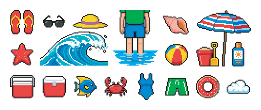 Collection of colorful pixel art beach icons featuring a wave, umbrella, crab, and other summer vacation elements in a retro 8-bit video game style