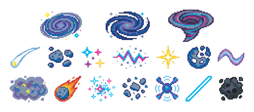 Colorful set of pixel art space icons for video games featuring galaxies, asteroids, comets, meteors, and explosions in a retro 8-bit graphic style