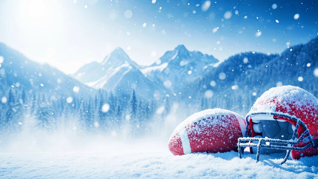 Red american football helmet and ball covered with snow in winter landscape. Sports game concept for winter season.