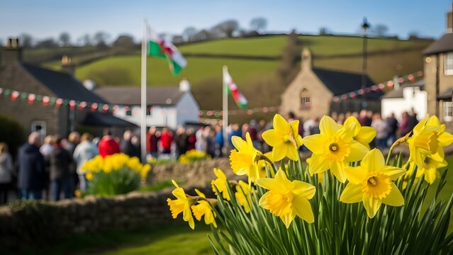 Happy st david's day celebrations with daffodils and welsh flags