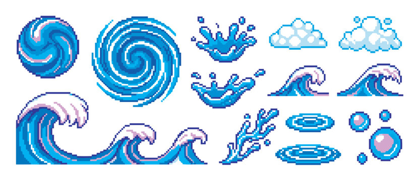 Pixel art water effects set with waves, splashes, swirls, clouds, and bubbles for retro video game design, a collection of 8-bit liquid and weather elements for animation