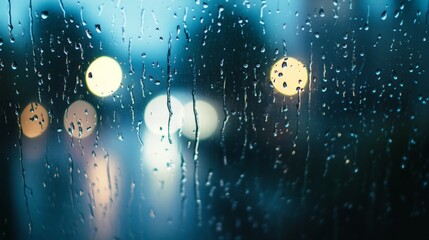 Close-up view of raindrops on a window pane with blurred lights from the city in the background during a rainy evening with copy space