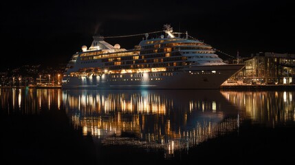 Cruise ship illuminated at night reflecting on calm waters