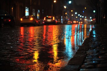 Wet Cobblestone Street at Night With Reflections of Moving Lights in Urban Setting