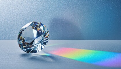 A large, sparkling diamond refracts a rainbow spectrum of light against a textured blue surface, showcasing its brilliance and value.
