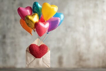 Fototapeta premium Colorful heart-shaped balloons floating from love letter on gray background 