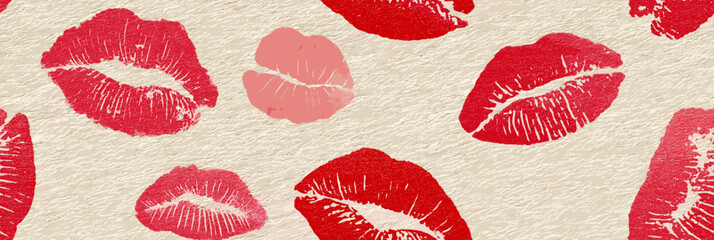 Red lipstick kiss marks covering a cream textured paper surface, creating a playful pattern. Red lipstick kiss marks seamless pattern on textured paper