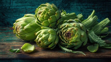 Obraz premium Fresh green artichokes on rustic wooden surface against teal background.