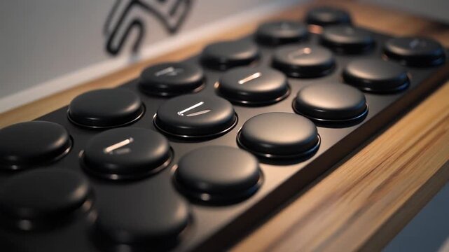 Close-up view of Black Custom Mechanical Keyboard with Round Keycaps on Wooden Surface