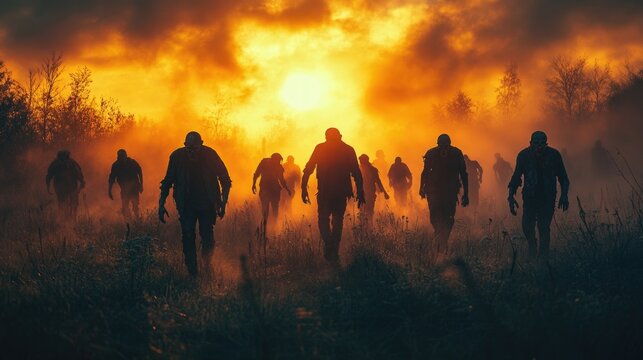  Silhouette of a horde of zombies walking towards the camera out of the mist