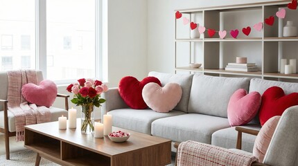 Obraz premium Living room decorated with heart shape cushions and garland for Valentines Day. Romantic festive decor for anniversary celebration.