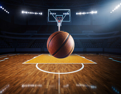 Basketball arcs gracefully through mid-air aiming for the basket. The ball glides swiftly within a gymnasium. Athletic teams compete ferociously in a championship tournament, pushing their skills 