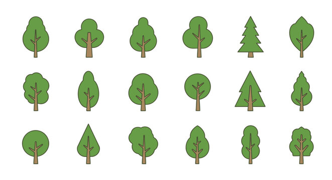 Collection of stylized green trees in various shapes for graphic design