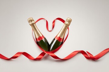 Two Champagne Bottles Create Heart Shape With Ribbons in a Studio Setting for a Celebration or Special Event at Night