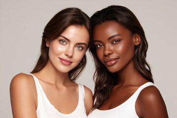 Two Women With Different Skin Tones Standing Side by Side in White Tops Showcasing Healthy Skin in Bright Lighting