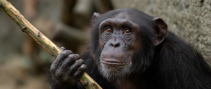 A close-up study of a chimpanzee holding a stick in its grip.