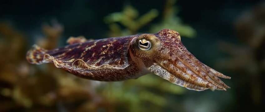 A cuttlefish gracefully navigating through aquatic plants.