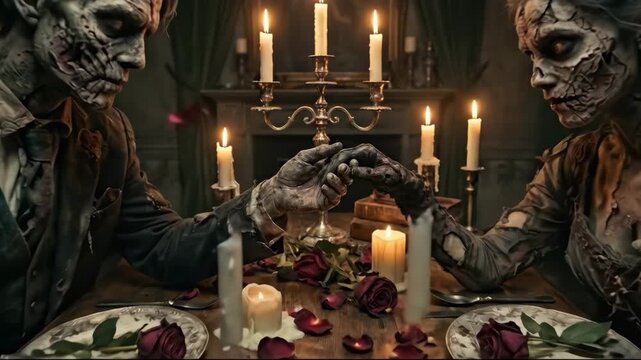 Undead couple holding hands over candlelit dinner romantic macabre zombie bride zombie groom