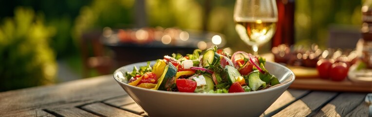 Dinner on a Table With Salad and Wine by a Grill in a Garden During the Evening