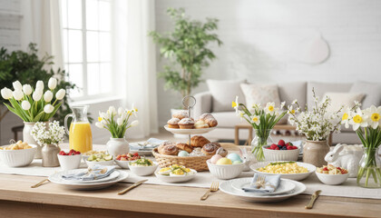 Fototapeta premium Easter Brunch Table Setting With Spring Flowers