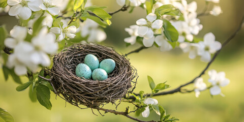 Fototapeta premium Easter Nest On Spring Branch With Blue Eggs