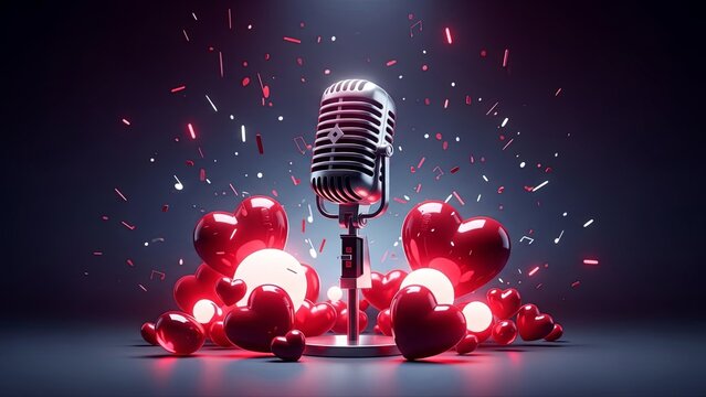Vintage microphone surrounded by red hearts and confetti. Romantic musical performance for Valentines Day.