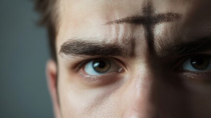 A close-up of a man's face with a cross of ash on his forehead during Ash Wednesday.