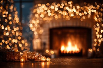 Warm Living Room Decorated for Christmas With Golden Lights and Fireplace Glowing in the Background During Festive Season