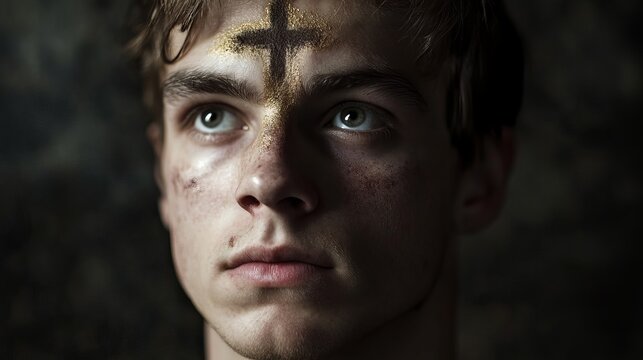 A young man with a cross of ash on his forehead during a Christian religious ceremony