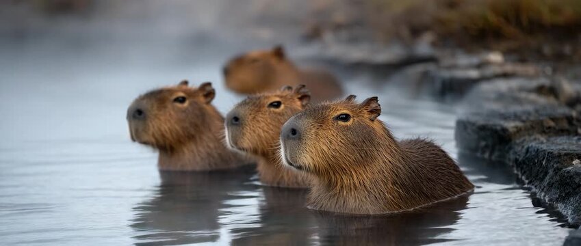 A group of capybaras enjoying relaxation in warm waters.