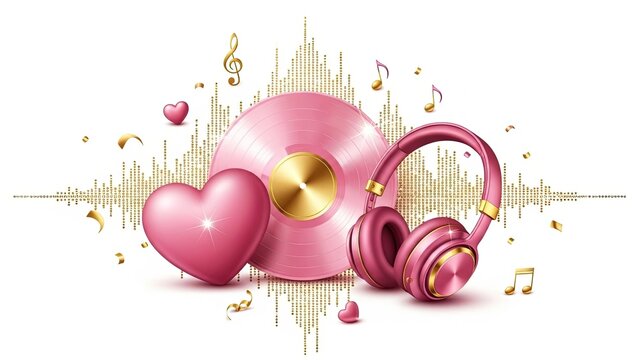 Pink vinyl record with headphones audio concept. Valentine s Day party music event for love celebration. Cute pink heart and notes.