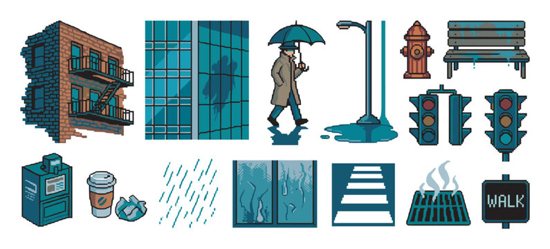 Collection of pixel art city icons featuring a rainy urban scene with a building, person with umbrella, traffic light, and other street elements in a retro 8-bit video game style