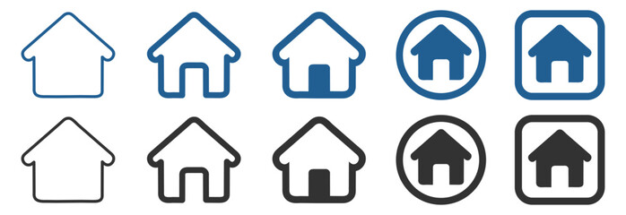 Home icon set for apps and websites. House symbol for UI navigation, outline and filled styles on transparent background
