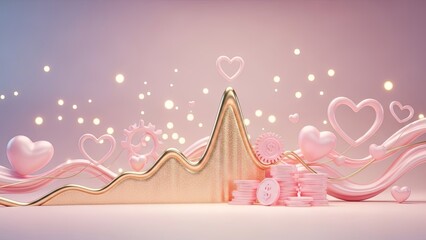 Pink monetary growth graph with heart peaks and gold detailing for Valentines Day. Financial rise and love concept for greeting card.