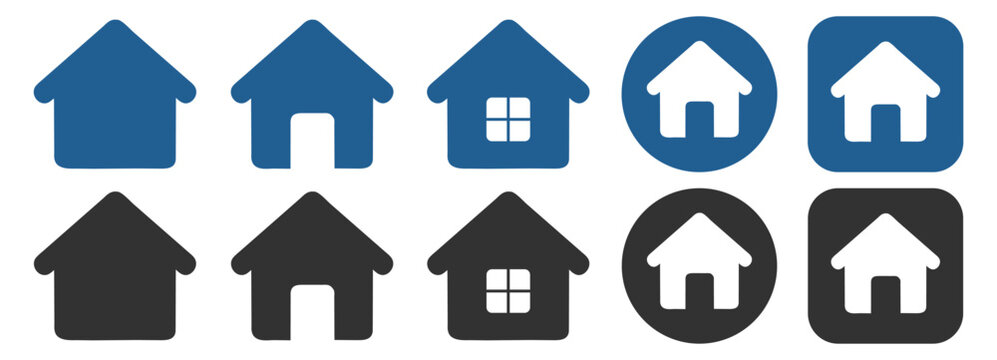 Web home icon for apps and websites, house icon set, main page navigation button in filled and outline styles, modern UI symbol on transparent background