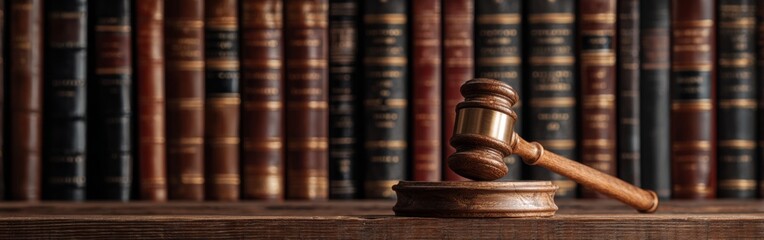 Wooden Gavel Placed on Wooden Shelf Near Wall Filled With Law Books Showing Concept of Justice in Legal System