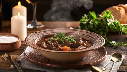 Steaming Beef Stew In Elegant Ceramic Bowl Surrounded By Rustic Table Setting Featuring Warm Candles And Fresh Herbs