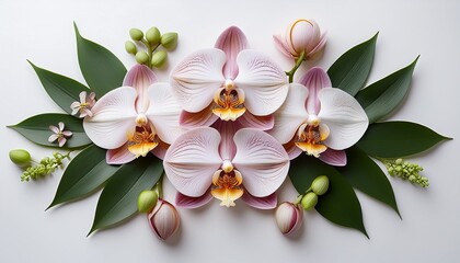 On A White Backdrop Elegant Orchid Flowers Are Arranged Symmetrically With Green Leaves And Buds To Form A Soft Floral Design
