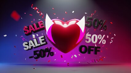 Red 3d heart with devil horns and floating sale, 50 percent and off text. Valentines Day discount concept for poster or banner.