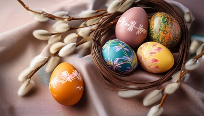 Easter Eggs And Willow Branches On Fabric